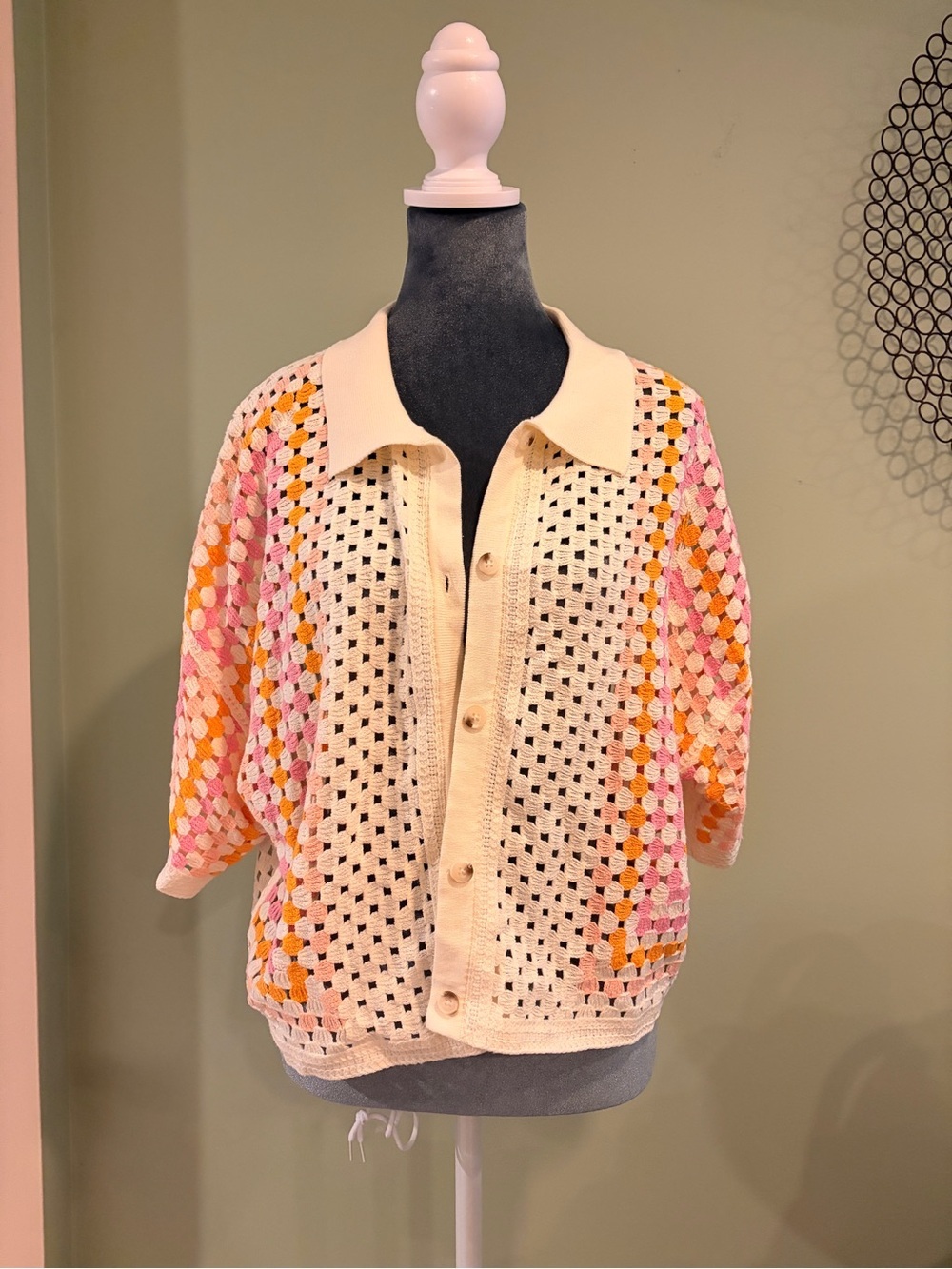 Crochet Knit Polo Cardigan Pink Orange Cream Granny Square Button Up M/L